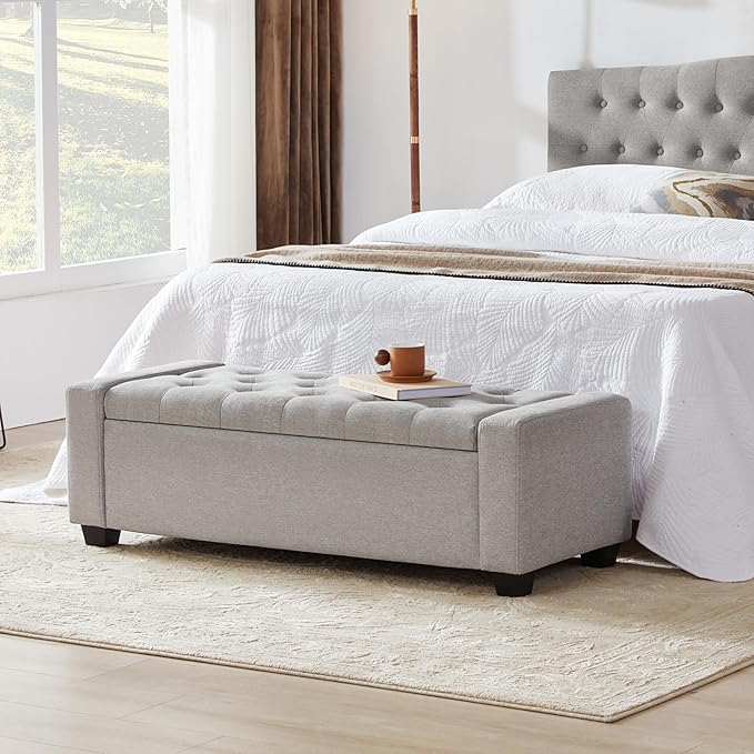 48" Ottoman with Storage, Storage Ottoman Bench with Safety Hinge, Upholstered Entryway Bench with Seating for Bedroom, Living Room, Holds up to 330 lb(Light Gray)-CasaMuseHome