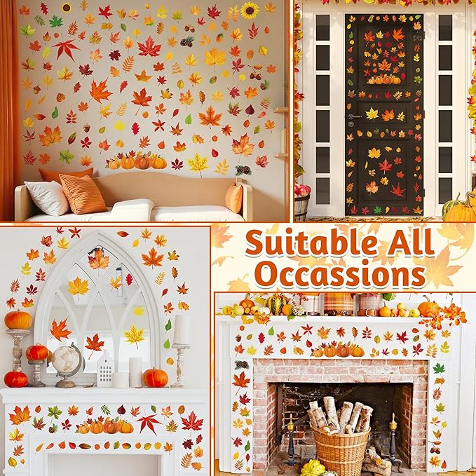 9 Sheets Fall Decorations, 274 PCS Fall Window Clings, Double Sided Autumn Stickers with Maple Leaves Pumpkin Nuts, Autumn Window Clings for Party Thanksgiving Decor Indoor Outdoor Accessories-CasaMuseHome