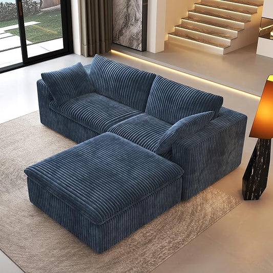78.74" L Shaped Modern Sofa Modular Sectional Cloud Couch with Ottoman,Upholstered Couches with Plush Corduroy Fabric for Living Room Furniture,Bedroom and Apartment,No Assembly Required,Blue-CasaMuseHome