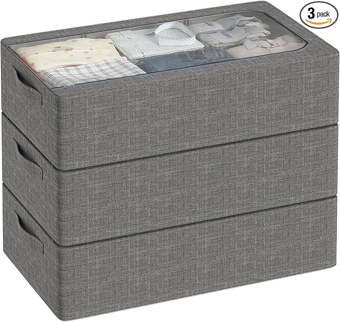 3PCS Under Bed Storage Bins with Metal Frame, Linen Fabric Frame Storage Box Clothes Organizer Bins, Underbed Container with Clear Window (Dark Grey, 23.6 x 13 x 6IN)-CasaMuseHome