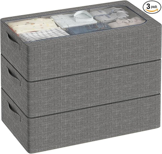 3PCS Under Bed Storage Bins with Metal Frame, Linen Fabric Frame Storage Box Clothes Organizer Bins, Underbed Container with Clear Window (Dark Grey, 23.6 x 13 x 6IN)-CasaMuseHome