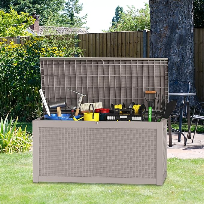 260 Gallon Deck Box XXL Large Outdoor Storage for Patio Furniture,Outdoor Cushions,Garden Tools and Pool Supplies,Waterproof,Resin,Lockable(Grey Rattan)-CasaMuseHome