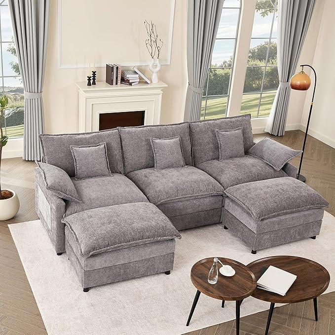 108" U Shaped Couch, Modular Sectional Sofa, 3-Seater Comfy Cloud Couch with Movable Ottoman, Deep Seat Couches for Living Room, Chenille, Slate-CasaMuseHome