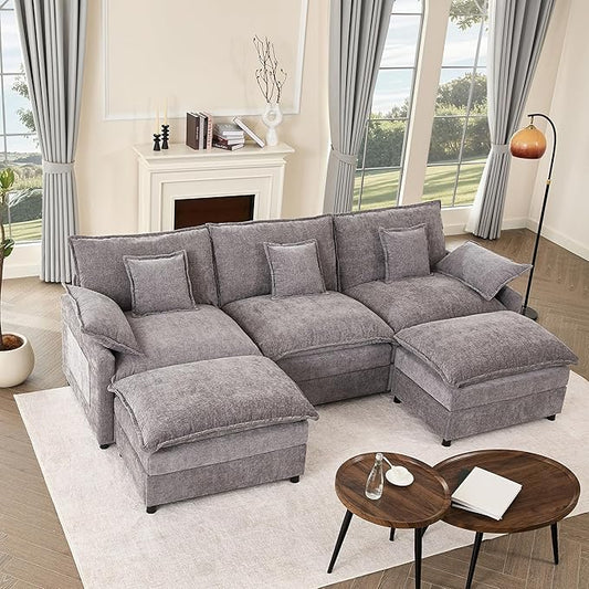 108" U Shaped Couch, Modular Sectional Sofa, 3-Seater Comfy Cloud Couch with Movable Ottoman, Deep Seat Couches for Living Room, Chenille, Slate-CasaMuseHome