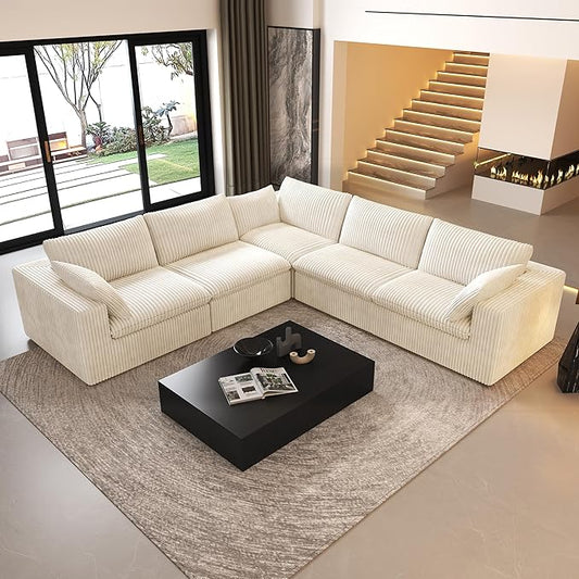 118" V Shaped Corner Modern Sofa Modular Sectional Cloud Couch,Deep Seat Upholstered Couches with Plush Corduroy Fabric for Living Room Furniture,Bedroom and Apartment,No Assembly Required,White-CasaMuseHome