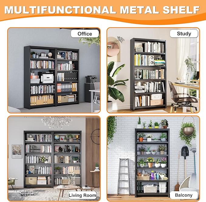 5 Tier Book Shelf, Metal Bookshelf, 69.3” Tall Black Bookcase, Free-Standing Industrial Bookshelves, Tools-Free Assembly Book Storage Organizer for Bedroom, Living Room, Office (Black)-CasaMuseHome