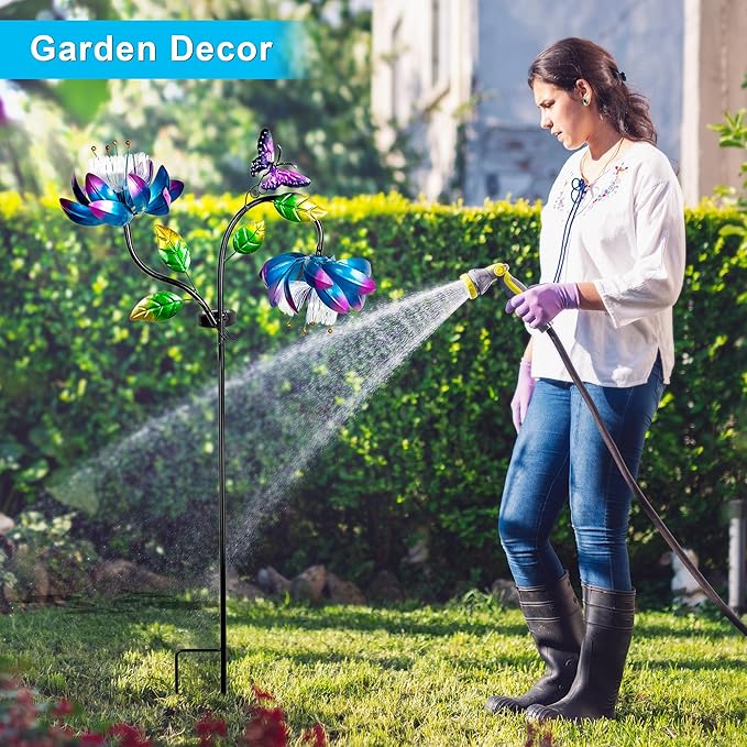 50'' Solar Powered Kinetic Wind Spinner Sculpture Blue Lotus Metal Stake Spinner for Patio, Lawn and Garden Decor Weather Resistant Outdoor Art with Dual Lotus with Butterfly Design-CasaMuseHome