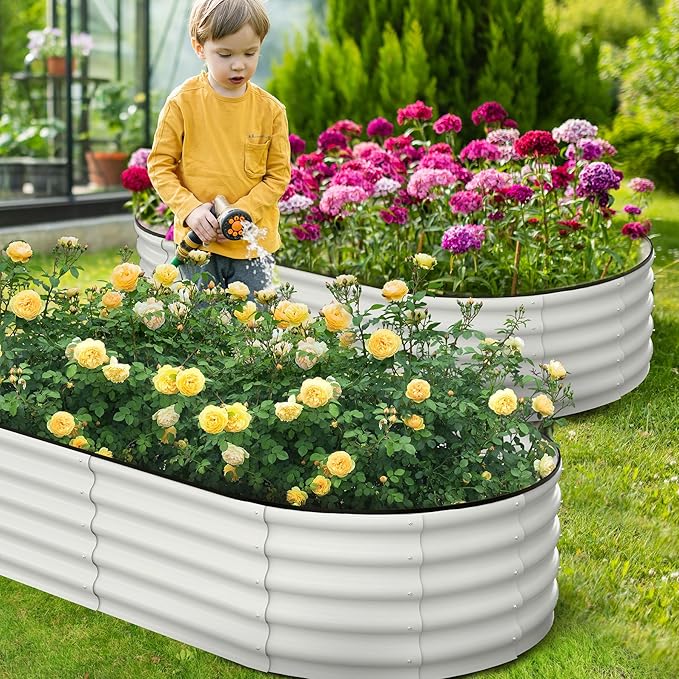 2 Pcs 6x3x2ft Oval Raised Garden Bed, Galvanized Raised Beds,Open-Ended Base Metal Raised Planter Beds,Garden Bed Outdoor,Planter Raised Boxes for Vegetables, Flowers,Tool-Free Asse,White-CasaMuseHome