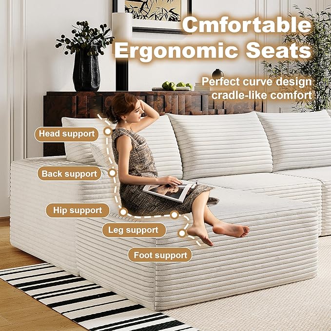 136" Sectional Couches for Living Room Modern Modular Sofa with L-Shape Couchs Upholstered Boneless Couch Deep Seat Sectional Couch with Chaise (White, Left Facing Chaise+3Seaters+Ottoman)-CasaMuseHome