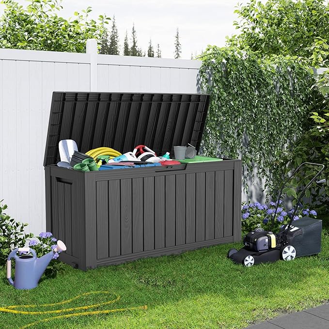 75 Gallon Resin Deck Box, Lockable Patio Outdoor Storage Box for Furniture, Garden Tools and Tools Storage, Waterproof Outside Storage Boxes - Black-CasaMuseHome