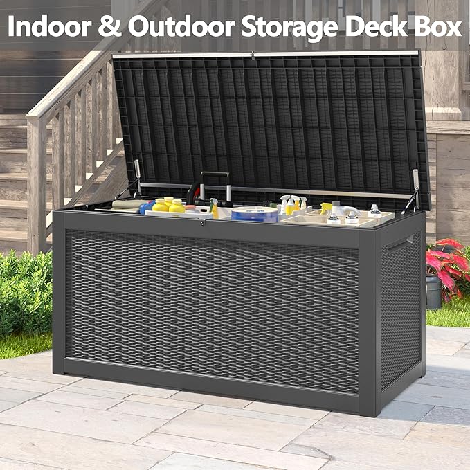 260 Gallon Resin Deck Box, Large Indoor and Outdoor Storage Box, Weatherproof and UV Resistant Outdoor Storage Box with Built-in Steel Beams for Patio Cushions, Pool Supplies-CasaMuseHome