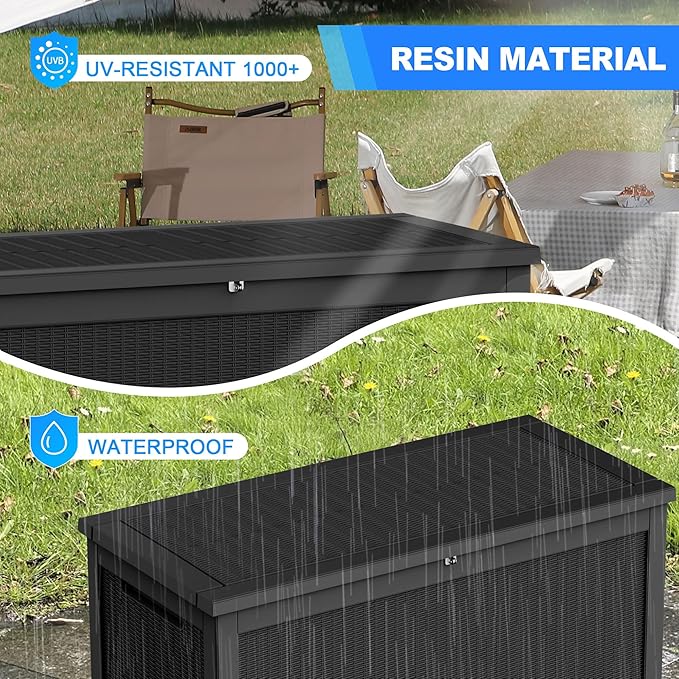260 Gallon Deck Box XXL Large Outdoor Storage for Patio Furniture,Outdoor Cushions,Garden Tools and Pool Supplies,Waterproof,Resin,Lockable(Black Rattan)-CasaMuseHome
