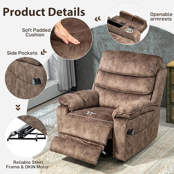 27in Extra Wide Power Lift Recliner Chair for Big Tall with Extended Footrest Heat Massage, Oversized Electric Lift Recliner Chairs for Adults Elderly Seniors, Arm Storage & Cup Holders-CasaMuseHome