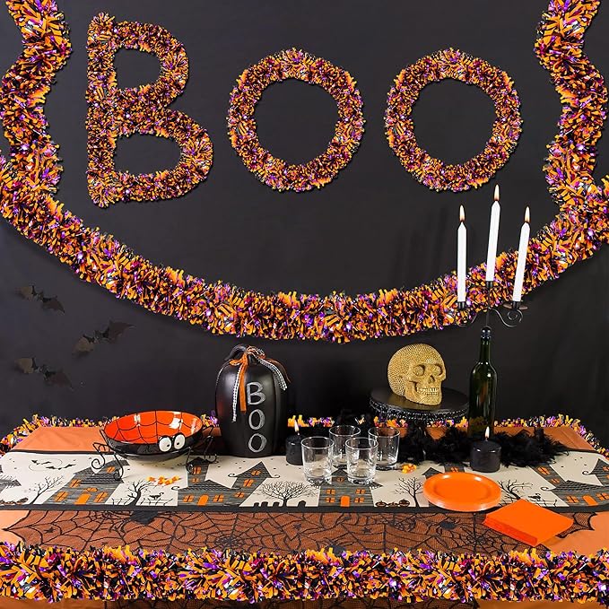 50FT Halloween Decorations Tinsel Garland, Orange Purple Black Shiny Metallic Tinsel Twist Hanging Streamers Garland for Halloween Birthday Home Tree Banister Indoor Outdoor Party Decor Supplies-CasaMuseHome