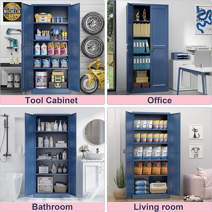 71" Storage Cabinet, Metal Pantry Cabinet, Kitchen Pantry Storage Cabinets with Doors and 4 Shelves, Cabinets for Laundry Room, Living Room, Dinning Room, Assembly Required, Blue-CasaMuseHome