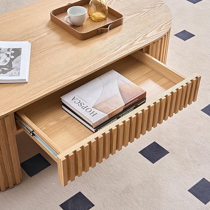 51.18'' Oval Coffee Table for Living Room Fluted Center Table with Drawer, Mid Century Modern Coffee Tables, Easy Assembly for Office Storage Tea Table Oak-CasaMuseHome