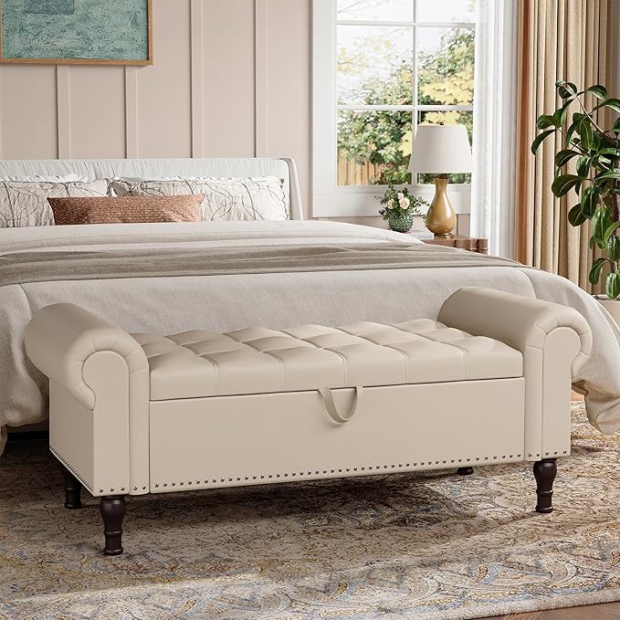 51" Storage Ottoman Bench for Bedroom, Full Queen Storage Bench with Button, Upholstered Bedroom Bench with Rolled Arms for Living Room, Storage Room, Entryway, Beige+Brown Legs-CasaMuseHome