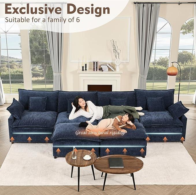 142.5" U Shaped Couch, Modular Sectional Sofa, 3-Seater Comfy Cloud Couch with Movable Ottoman, Deep Seat Couches for Living Room, Chenille, Navy-CasaMuseHome