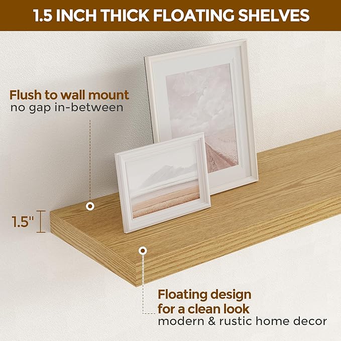 24 x 9 Floating Shelves, 9 Inch Deep Floating Shelf Wall Mounted, 24 Inch Bathroom Shelves Set of 2, Rustic Wood Wall Shelf for Bedroom, Living Room, Oak Color-CasaMuseHome