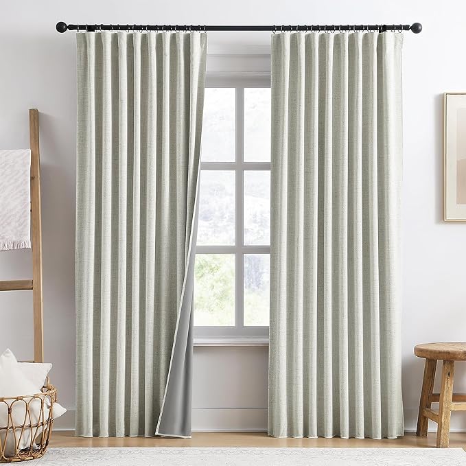 92 Inch Long Curtains 2 Panels,Back Tab Hook Belt with Hooks,Modern Neutral French Style Pleat Look Soundprof Linen Drop Cloth Traverse Blackout Curtains for Living Room 50W x 92L Natural Cream-CasaMuseHome
