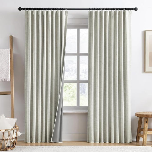 94 Inch Long Blackout Curtains 2 Panels,Pleated Back Tab Rod Pocket with Hooks,Solid Rustic Heat Reflective Linen Textured Dark Out Darkening Curtains for Living Room 50W x 94L Natural Cream-CasaMuseHome