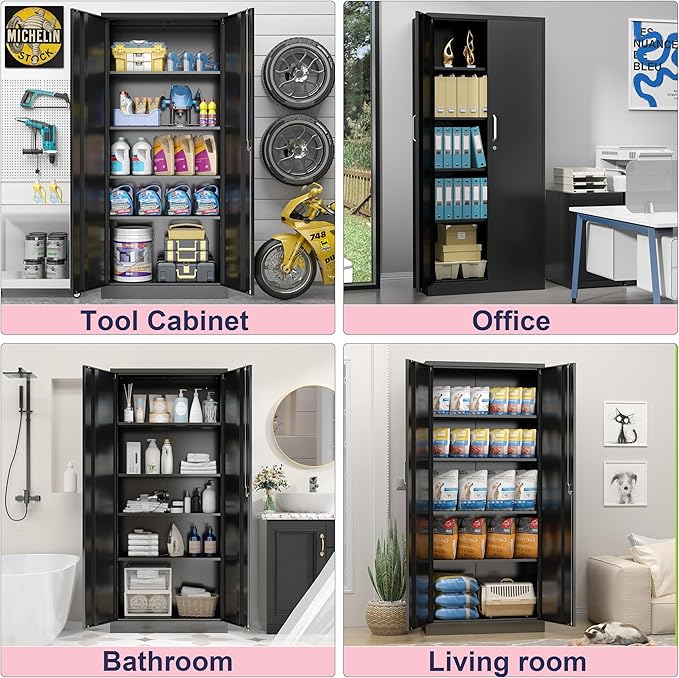 71" Garage Storage Cabinets with Lock, Cabinets with Doors and Shelves, Kitchen Pantry Cabinet, Metal Cabinet for Office, Garage, Shop, School, Assemble Required, Black-CasaMuseHome