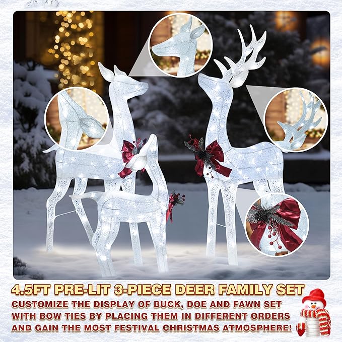 4.5FT Lighted Reindeer Family Set for Christmas Decoration, 3 Pieces Pre-Lit Iridescent Deer Xmas Decor with 200 LED Lights, 3D Glittered Standing Holiday Display for Outdoor, Indoor, White-CasaMuseHome
