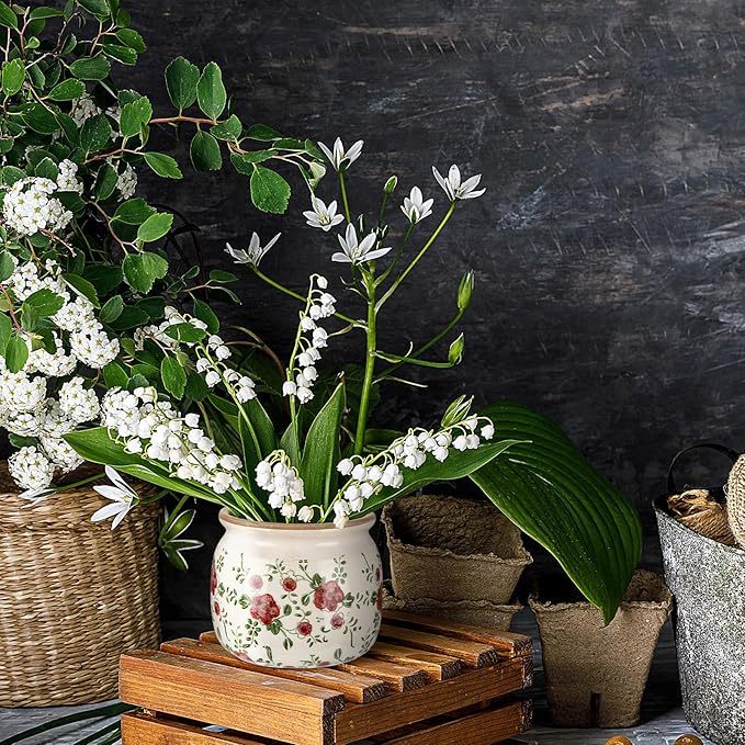 1 Pcs Vintage Planter Large Ceramic Plants Pot Red Plum Crack Cottage Scroll Vase Flower Vase Pot Indoor Plants Home Kitchen Decor Farmhouse Antique Decorative Gift-CasaMuseHome