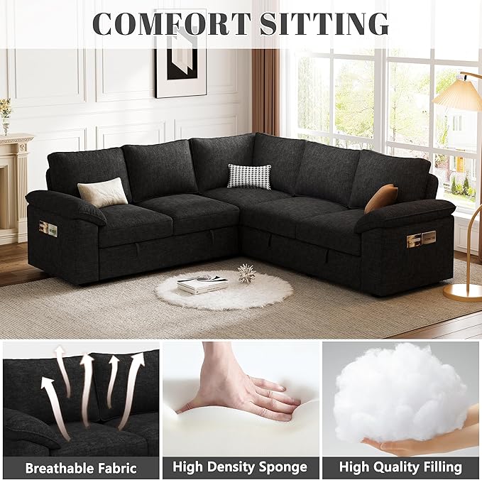 85 Inch Modular Sectional Sofa with Pull Out Bed,L Shaped 5 Seat Sectional Sleeper Sofa with Storage,Sectional Couches for Living Room,Cloud Modular Couch,Removable Sofa Cover,Black-CasaMuseHome