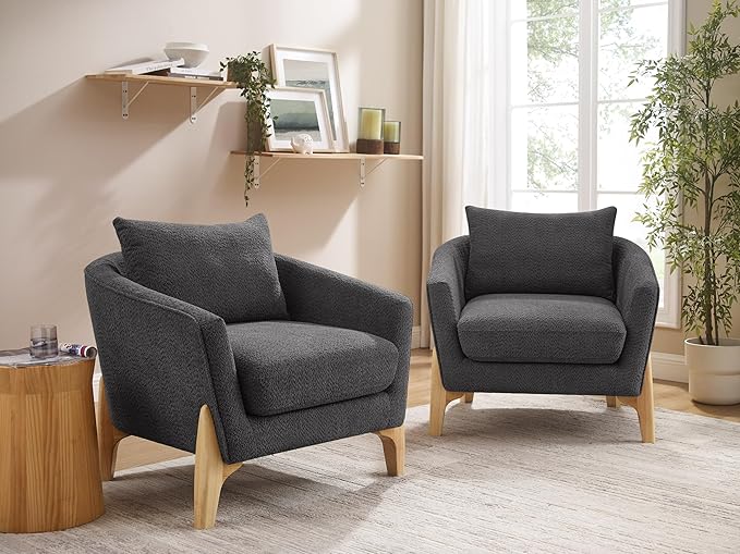 Accent Chair 31" Oversized Reading Chair Comfy Upholstered Boucle Lounge Armchair, Modern Living Room Chair with Back Pillow,Single Sofa Chair for Bedroom, Office (Grey)-CasaMuseHome