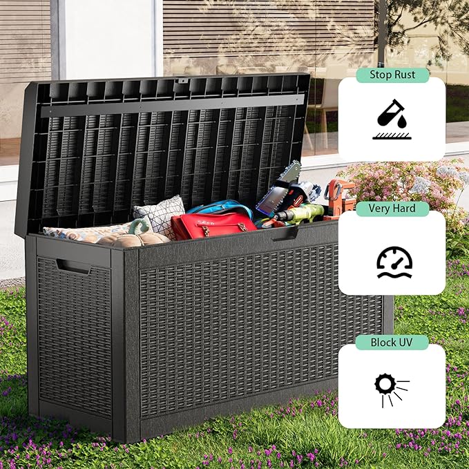 60 Gallon Resin Deck Box, Lockable Outdoor Storage Box for Patio Cushions Storage Furniture,Garden Tools, Pool Supplies, Weatherproof and UV Resistant（Black Rattan）-CasaMuseHome