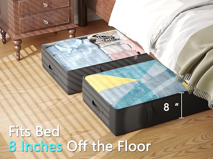 2-Pack Under Bed Storage Containers, 8 Inches Tall Underbed Clothes Storage Organizer Bin with Sturdy Sidewalls/Bottom, Under the Bed Storage Bags 2 Storage Bins, Black-CasaMuseHome