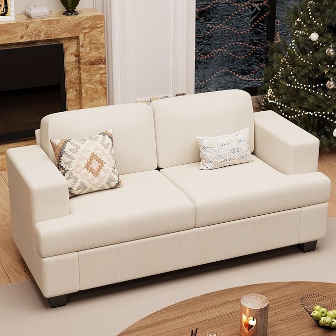 63" Corduroy Sofa Couch Loveseat for Living Room, Small Seep Seat Loveseat Sofa for Bedroom, Comfy Chenille Couch for Small Spaces, White Corduroy-CasaMuseHome