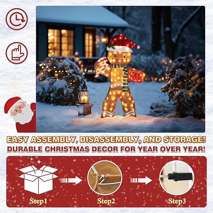 5FT Gingerbread Man with Candy Cane and Gift Box Decoration, 2.5D Pre-Lit Gingerbread Man Decor with 120 LED Lights for Christmas, Freestanding Glittered Holiday Display for Outdoor, Indoor-CasaMuseHome