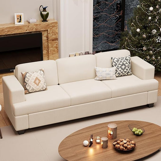 89" White Corduroy Sofa for Living Room, 3 Seater Cloud Couch, Deep Seat Floor Couch for Bedroom, Futon Modern Sofa Bed, White Corduroy-CasaMuseHome