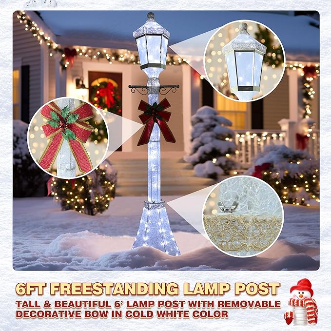 6FT Lighted Freestanding Lamp Post for Christmas Decoration, Pre-Lit Iridescent Post Lamp with 120 LED Lights & Removable Bow, Outdoor 3D Glittered Standing Festival Display, White-CasaMuseHome