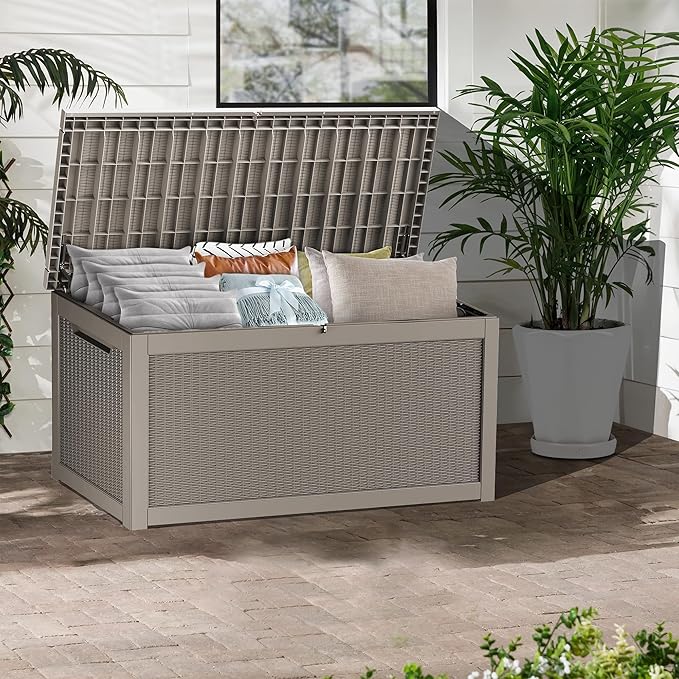 320 Gallon Lockable Resin Deck Box, Waterproof & UV-Resistant Outdoor Storage Box for Outdoor Cushion Storage, Garden Tools & Pool Accessories Storage, Gray-CasaMuseHome