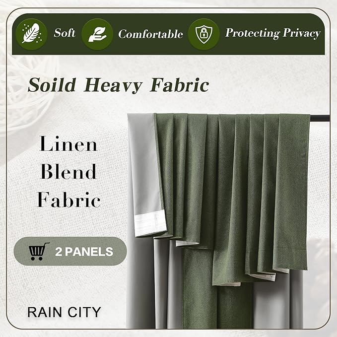 102 Inch Long Linen Blended Blackout Curtains 2 Panels, Back Tab Pleated Look Drapes for Track System with Hooks, Noise Reducing Country Blackout Winodw Curtains 50x102-Loden/Olive Green-CasaMuseHome