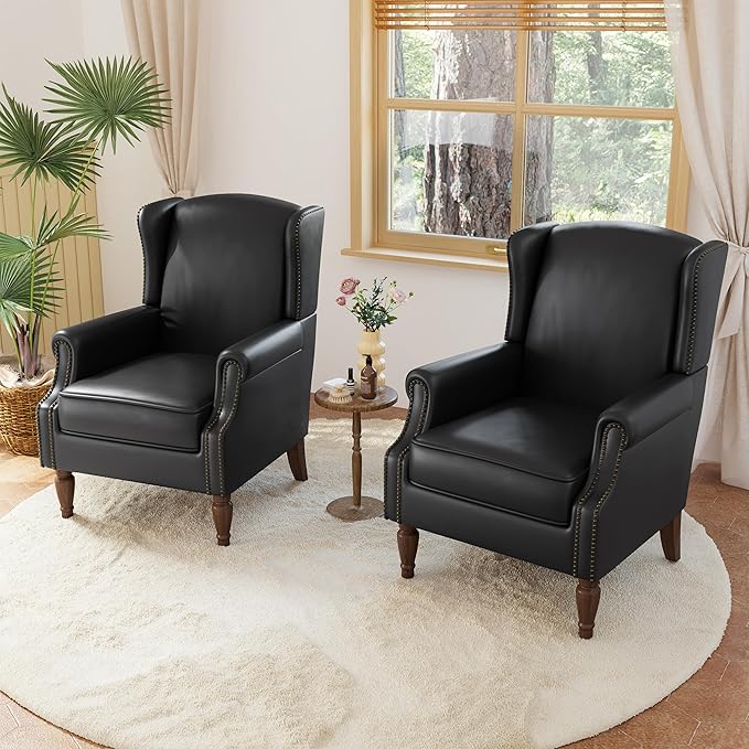 Accent Chairs, Faux Leather High Back Armchair Set of 2 or Living Room, Comfy Upholstered Single Sofa Reading Chairs with Solid Wood Legs for Office, Bedroom, Waiting Room-Black-CasaMuseHome