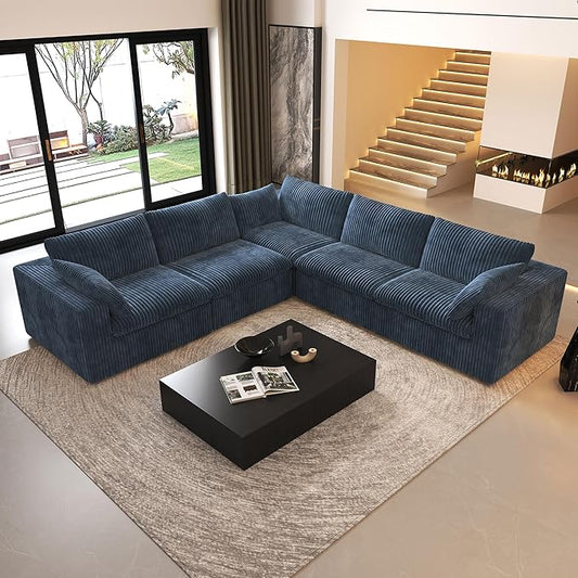118" V Shaped Corner Modern Sofa Modular Sectional Cloud Couch,Deep Seat Upholstered Couches with Plush Corduroy Fabric for Living Room Furniture,Bedroom and Apartment,No Assembly Required,Blue-CasaMuseHome