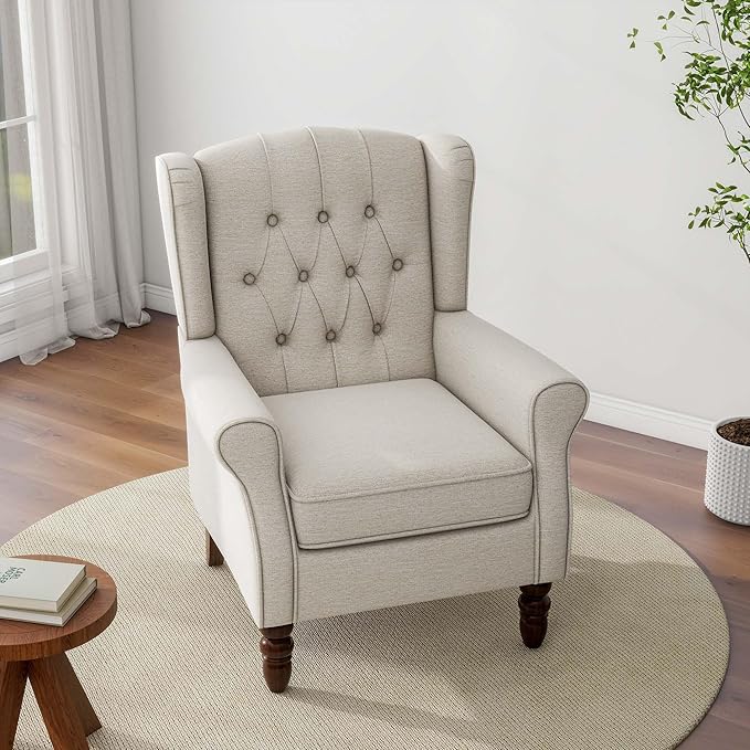 Accent Chair, Upholstered Armchair with Button Tufted High Back & Solid Wood Legs, Comfy Wingback Reading Single Sofa Chair for Small Spaces, Living Room, Bedroom (Beige, Set of 1)-CasaMuseHome