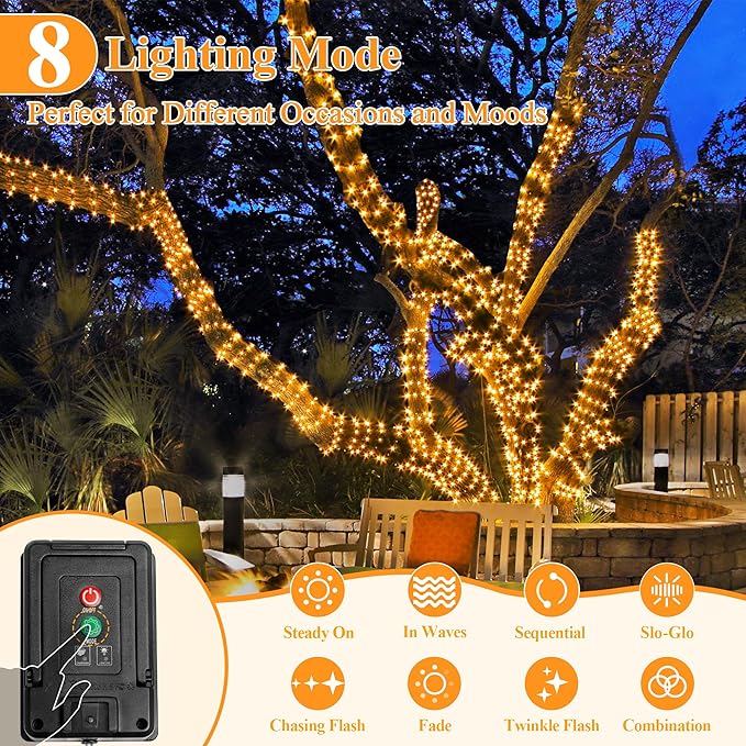 2 Pack Solar String Lights Total 600LED 197FT, IP67 Waterproof Solar Lights for Outside with 8 Modes, Fairy Lights for Patio Garden Party Wedding Yard Camping Decorations (Warm White)-CasaMuseHome