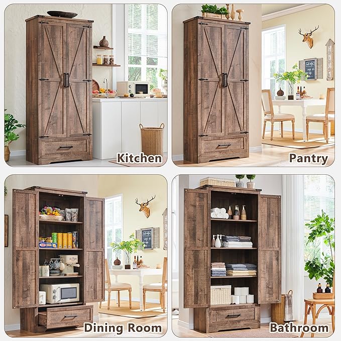 72" Tall Wood Storage Cabinet, Farmhouse Kitchen Pantry Cabinet with Adjustable Shelves & Drawer & Barn Doors, Versatile Storage for Kitchen, Dining Room, Bathroom, Light Brown-CasaMuseHome