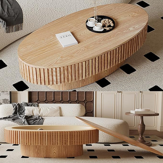47.2''Oval Coffee Table with Storage, Mid Century Modern Drum Center Tables with Lid Fluted Solid Wood Side Coffee Table Pedestal Tea Table for Living Room, Bedroom, Apartmen-Natural-CasaMuseHome
