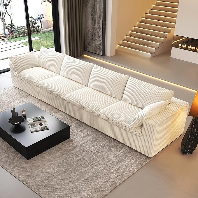 157.5" 4-Seater Cloud Sofa,Modular Sectional Couch,Modern Deep Seat Upholstered Couches with Plush Corduroy Fabric for Living Room Furniture,Bedroom and Apartment,No Assembly Required,White-CasaMuseHome