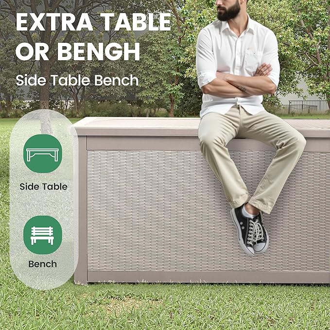 260 Gallon Storage Box, Waterproof Resin Deck Box with Steel Support & Hydraulic Rod, Lockable Storage Bench for Indoor & Outdoor Use, Storage Bin for Patio Cushions, Garden Tools, Grey-CasaMuseHome