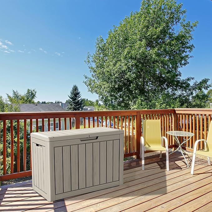 45 Gallon Lockable Resin Deck Box, Waterproof & UV-Resistant Outdoor Storage Box for Outdoor Cushion Storage, Garden Tools & Pool Accessories Storage, Gray-CasaMuseHome