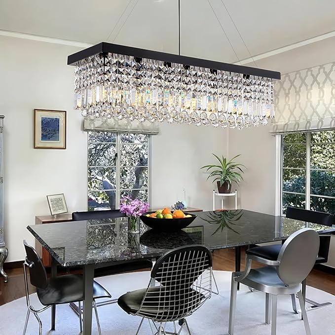 8 Light Modern Crystal Chandelier for Dining Room,Rectangular Rectangle Raindrop Crystal Light Fixture,Height Adjustable for Kitchen Island L40''xW10''xH10''-CasaMuseHome