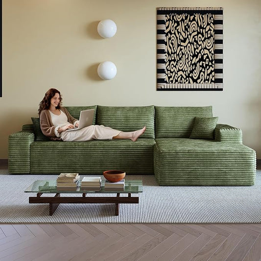 108" Sectional Couches for Living Room Modern Modular Sofa with L-Shape Couchs Upholstered Boneless Couch Deep Seat Sectional Couch with Chaise (Green, Right Facing Chaise+2Seaters)-CasaMuseHome