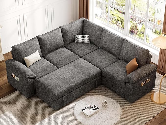 85 Inch Modular Sectional Sofa with Pull Out Bed,L Shaped 5 Seat Sectional Sleeper Sofa with Storage,Sectional Couches for Living Room,Cloud Modular Couch,Removable Sofa Cover,Dark Grey-CasaMuseHome